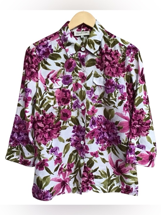 Jones New York Tops - Jones New York White Linen Blouse with Pink & Green Floral Print